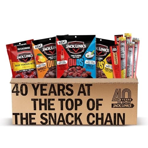 Box featuring Jack Link's snacks, including Beef Tender Bites, Sweet & Hot Beef Jerky, Teriyaki Beef Jerky, and Duos flavors. Text highlights \“40 years at the top of the snack chain.\“