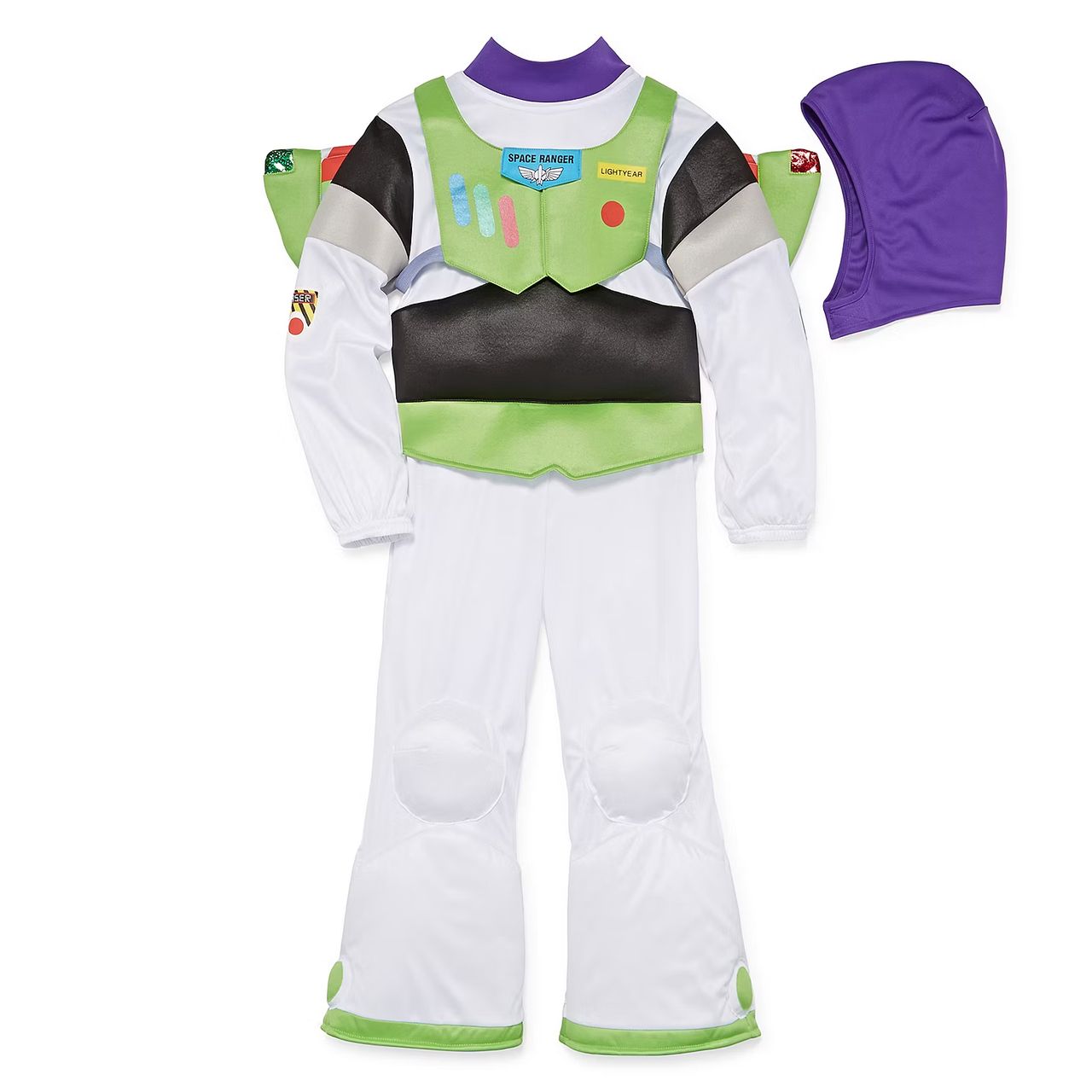 Child's Buzz Lightyear costume with detachable purple hood.