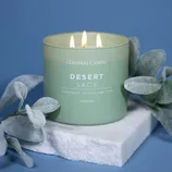 Colonial Candle Desert Sage with scents of cedarwood, crushed sage, and musk in a green container with three wicks, surrounded by decorative leaves, placed on a marble surface.