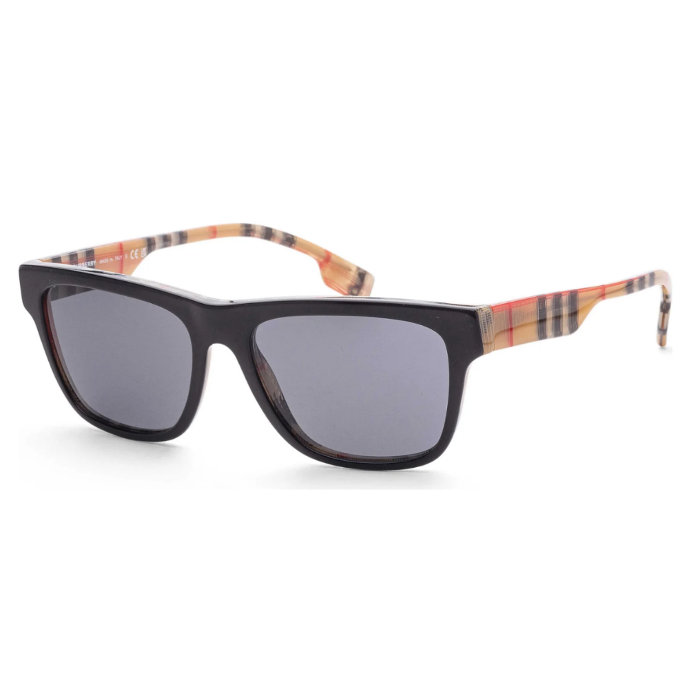 These sunglasses feature a sleek black frame with dark lenses, complemented by arms in a signature plaid pattern.