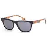 These sunglasses feature a sleek black frame with dark lenses, complemented by arms in a signature plaid pattern.