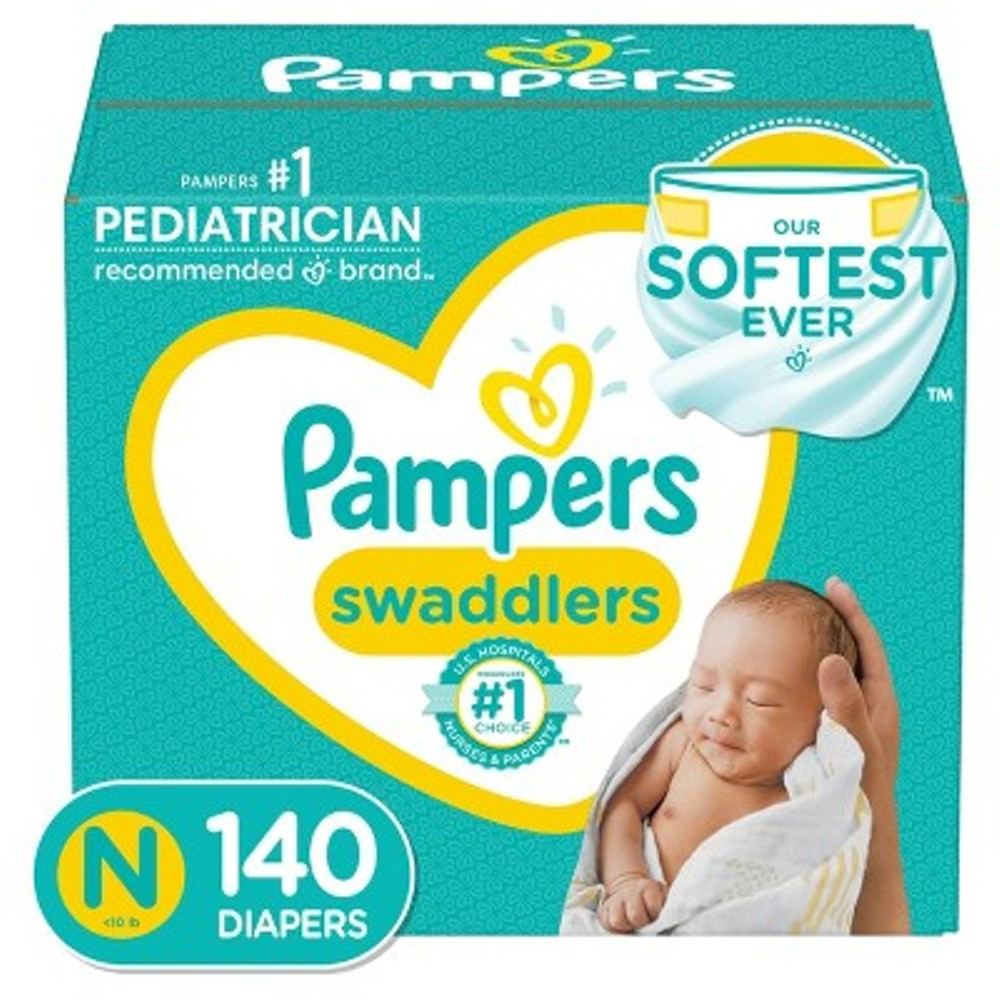 Pampers Swaddlers Diapers, size \“N\“ for under 10 lbs, 140 count, with features highlighted as \“Our Softest Ever\“ and \“#1 Choice of U.S. Hospitals, Nurses & Parents.\“ Recommended brand by pediatricians.