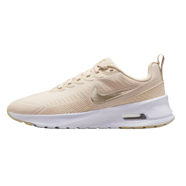 A beige Nike sneaker featuring a visible Air Max sole, white midsole, and the Nike swoosh logo on the side.