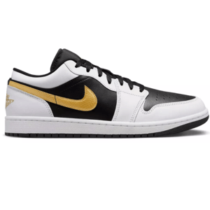 Nike Air Jordan 1 Low sneakers in black, white, and gold, featuring a gold Nike Swoosh.