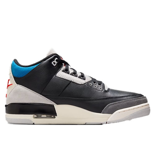 A black, gray, and white sneaker with blue accents and red detailing, featuring a visible air unit in the sole and a mid-top design.