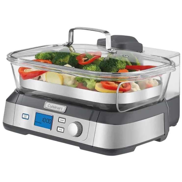 A digital food steamer by Cuisinart with a stainless steel base and glass lid, featuring a digital display and control knob, filled with assorted vegetables like broccoli and bell peppers.