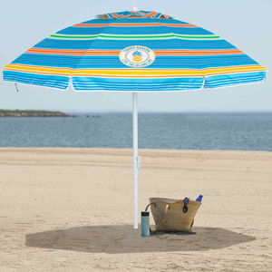 A colorful striped beach umbrella with the text \“Tommy Bahama, Live the Island Life\“ is set up on a sandy beach. Nearby is a woven straw bag containing a blue bottle and sunglasses, along with a tumbler on the sand.