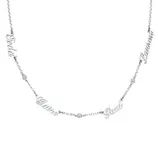 A silver necklace featuring the words \“Faith,\“ \“Love,\“ \“Bond,\“ and \“Family\“ interspersed with small round diamond-like stones on a delicate chain.