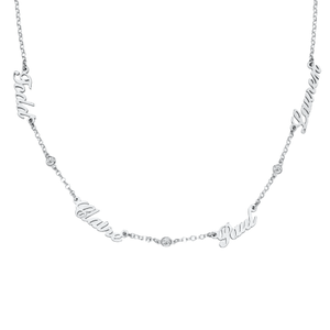 A silver necklace featuring the words \“Faith,\“ \“Love,\“ \“Bond,\“ and \“Family\“ interspersed with small round diamond-like stones on a delicate chain.