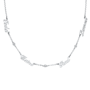 A silver necklace featuring the words \“Faith,\“ \“Love,\“ \“Bond,\“ and \“Family\“ interspersed with small round diamond-like stones on a delicate chain.