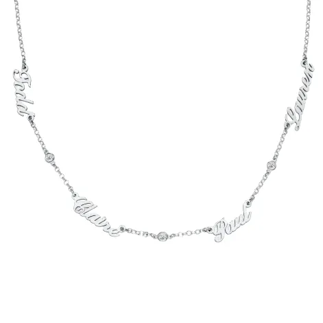 A silver necklace featuring the words \“Faith,\“ \“Love,\“ \“Bond,\“ and \“Family\“ interspersed with small round diamond-like stones on a delicate chain.