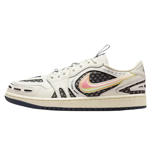 A white and black sneaker with a textured pattern and an iridescent Nike swoosh logo. The shoe features unique cutouts and a low profile design.