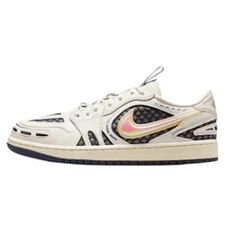 A white and black sneaker with a textured pattern and an iridescent Nike swoosh logo. The shoe features unique cutouts and a low profile design.