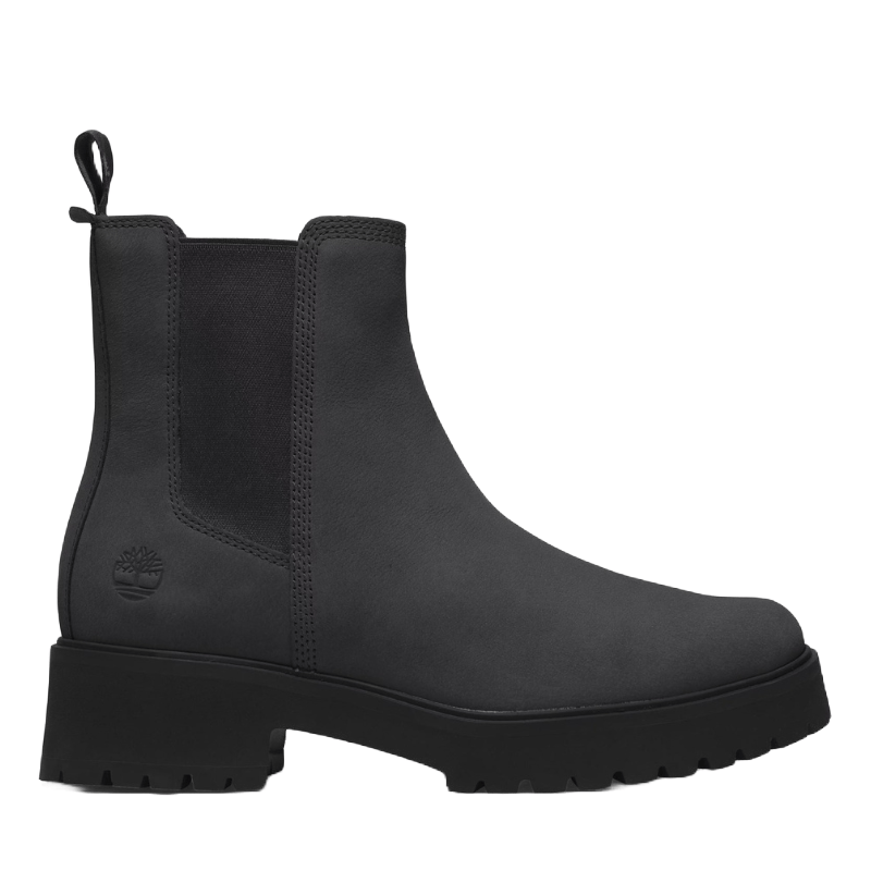 Timberland Chelsea Boots in black feature a sleek design with a side elastic panel, pull tab for easy wear, and signature logo detail. They have a chunky lug sole for traction and durability.