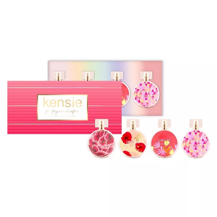 A set of four kensie perfumes in round, decorative bottles featuring floral and geometric designs. The collection includes scents like \“So Pretty\“ and \“Free Spirit,\“ housed in a pink and rainbow-colored box.