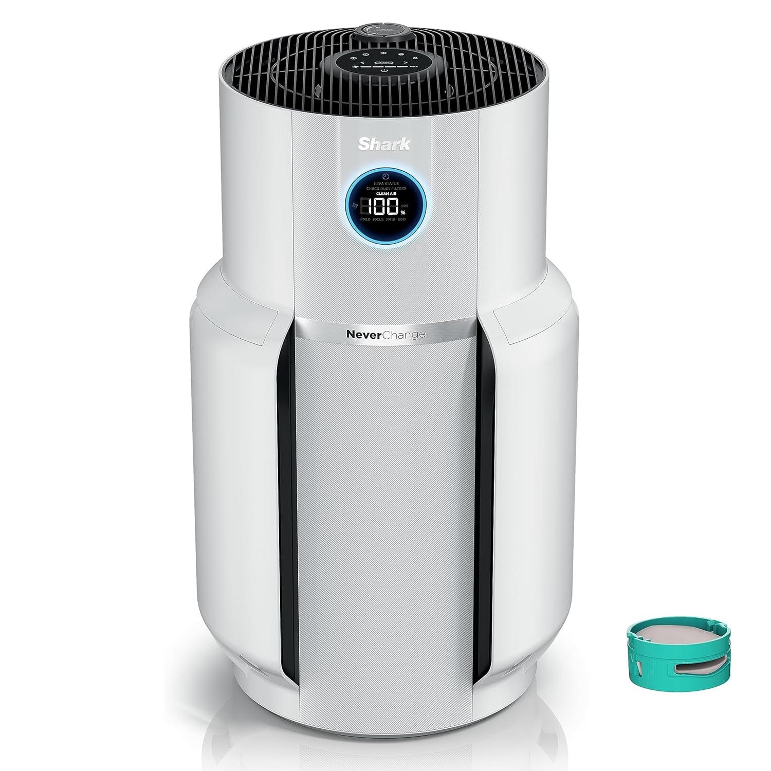Shark air purifier with a digital display, featuring \“NeverChange\“ technology. A spare filter is shown beside it.