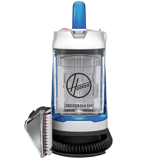 A Hoover PowerDash portable carpet cleaner with a transparent water tank, blue handle, and an attached hose featuring a cleaning brush.