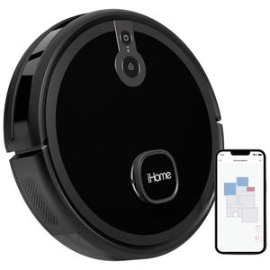 iHome Robot Vacuum is a round, black, smart cleaning device with app connectivity for mapping and setting boundaries, shown alongside a smartphone displaying its interface.