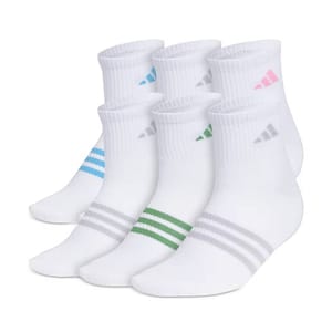 Six pairs of white Adidas Superlite socks featuring colored stripes in blue, green, gray, and pink. Each pair has the Adidas logo near the cuff and three horizontal stripes across the ankle.