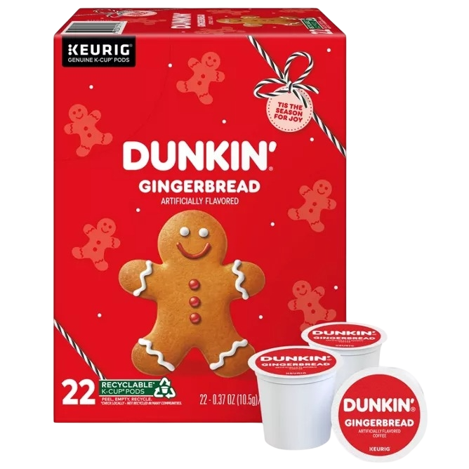 Dunkin' Gingerbread artificially flavored coffee in Keurig K-Cup pods. The box contains 22 recyclable pods featuring a gingerbread man design.