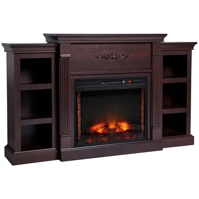 This is a dark brown electric fireplace with a mantel and decorative carvings, flanked by symmetrical shelving units on each side. The fireplace displays a glowing, realistic flame effect.