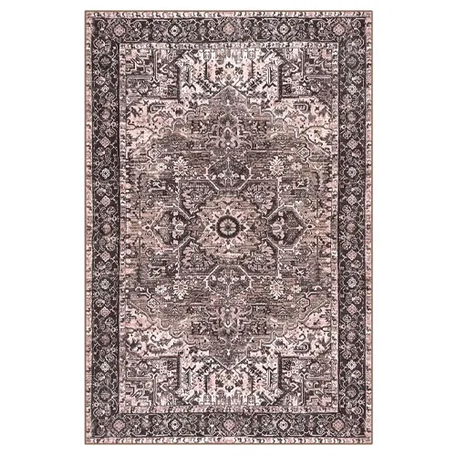 A rectangular, intricately patterned area rug featuring a traditional design with earthy tones of brown and beige and a detailed border.