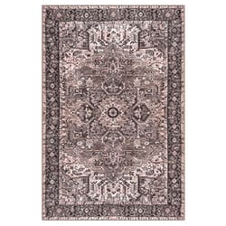 A rectangular, intricately patterned area rug featuring a traditional design with earthy tones of brown and beige and a detailed border.