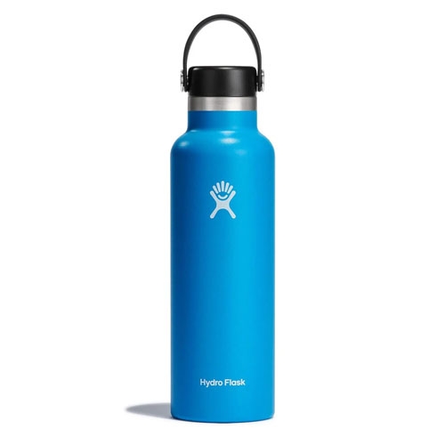 Blue Hydro Flask water bottle with logo and black cap.