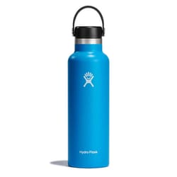 Blue Hydro Flask water bottle with logo and black cap.