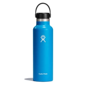 Blue Hydro Flask water bottle with logo and black cap.