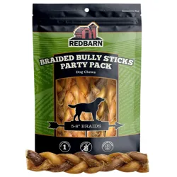 Redbarn Braided Bully Sticks Party Pack, dog chews with single-ingredient, grain-free, and boredom-busting features, available in 5-8 inch braids.