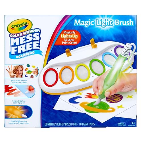 Crayola Color Wonder Mess Free Magic Light Brush set includes a light-up brush and 18 blank pages. Colors appear only on special paper, ensuring no mess on skin, furniture, or fabric.
