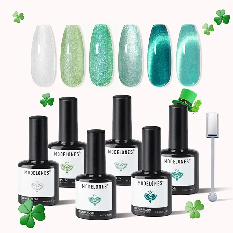 Set of Modelones gel nail polish in green shades featuring six different colors, accompanied by a magnetic tool. Includes clover decorations and a St. Patrick's Day theme.