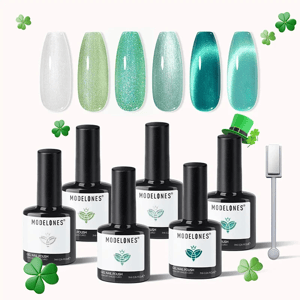 Set of Modelones gel nail polish in green shades featuring six different colors, accompanied by a magnetic tool. Includes clover decorations and a St. Patrick's Day theme.