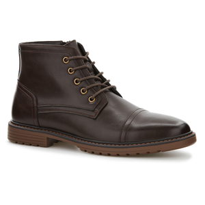 Perry Ellis Grover Boots feature a dark brown leather upper with a lace-up design and metal eyelets, a cap-toe detail, and a rugged brown rubber sole.