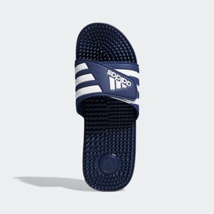 A single navy blue sports slide with white stripes across the strap.