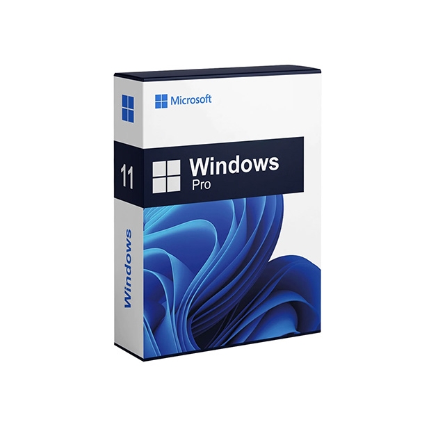 Microsoft Windows 11 Pro is a software package featuring a sleek blue swirl design. It is marked with the Windows logo and the text \“Windows 11 Pro\“ on the box.
