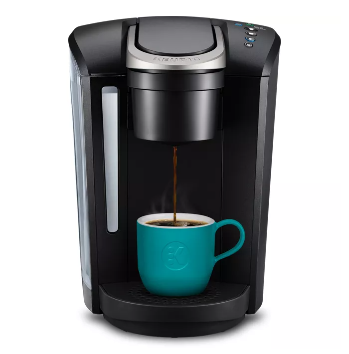 The Keurig K-Select Coffee Maker is a sleek, black single-serve brewer featuring simple button controls for brewing coffee. It has a large water reservoir on the side and brews directly into a cup or mug.