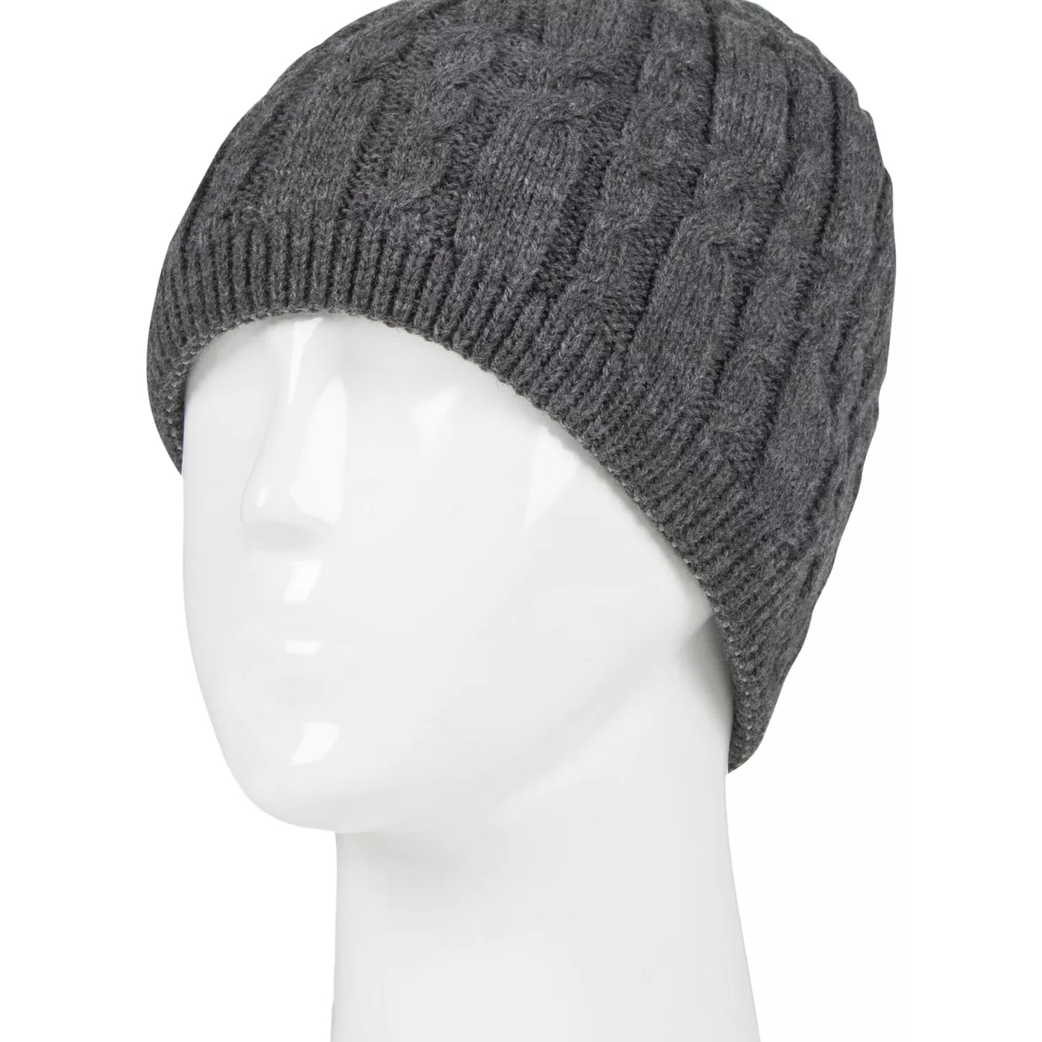 A gray, cable-knit beanie displayed on a mannequin head.