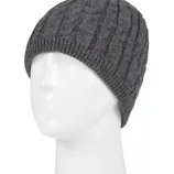 A gray, cable-knit beanie displayed on a mannequin head.