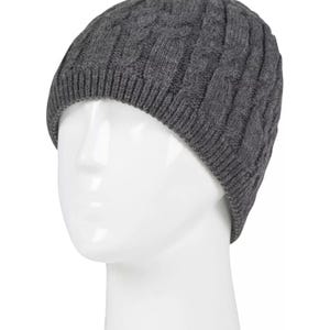 A gray, cable-knit beanie displayed on a mannequin head.