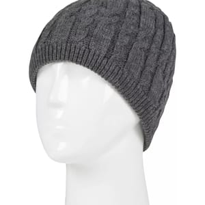A gray, cable-knit beanie displayed on a mannequin head.