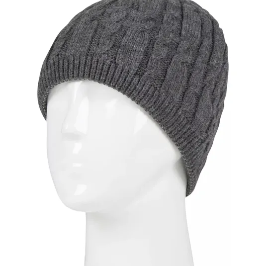 A gray, cable-knit beanie displayed on a mannequin head.
