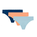 Three seamless women's underwear in navy blue, peach, and light blue colors.