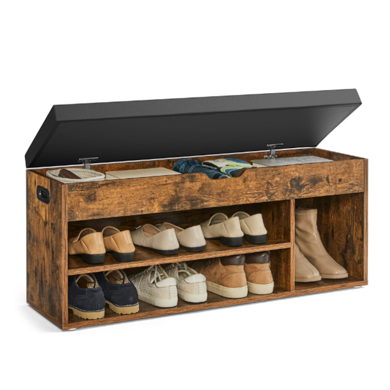 Wooden shoe storage bench with hinged lid; features multiple compartments for shoes and a top section for additional storage.