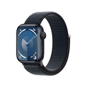 An Apple Watch with a dark watch face and a matching textured band, showcasing time and temperature display.