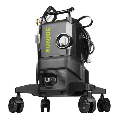 A Sun Joe pressure washer with a sturdy design, featuring a black body, bright green \“SUN JOE\“ text, four wheels for mobility, a hose, and a spray wand attachment for effective cleaning tasks.