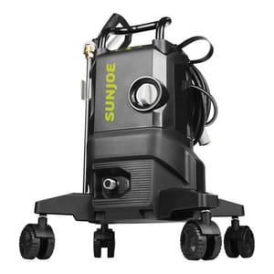 A Sun Joe pressure washer with a sturdy design, featuring a black body, bright green \“SUN JOE\“ text, four wheels for mobility, a hose, and a spray wand attachment for effective cleaning tasks.