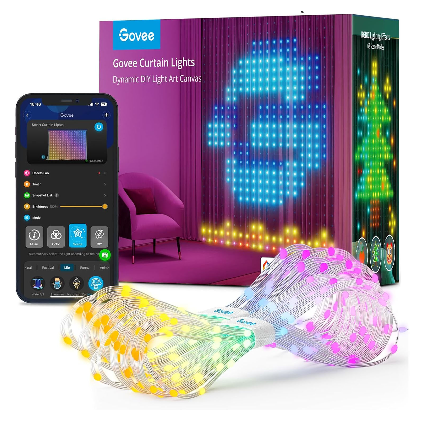 Govee Curtain Lights are dynamic, multicolored LED light strands controllable via a mobile app, designed to create animated light displays on curtains or walls.