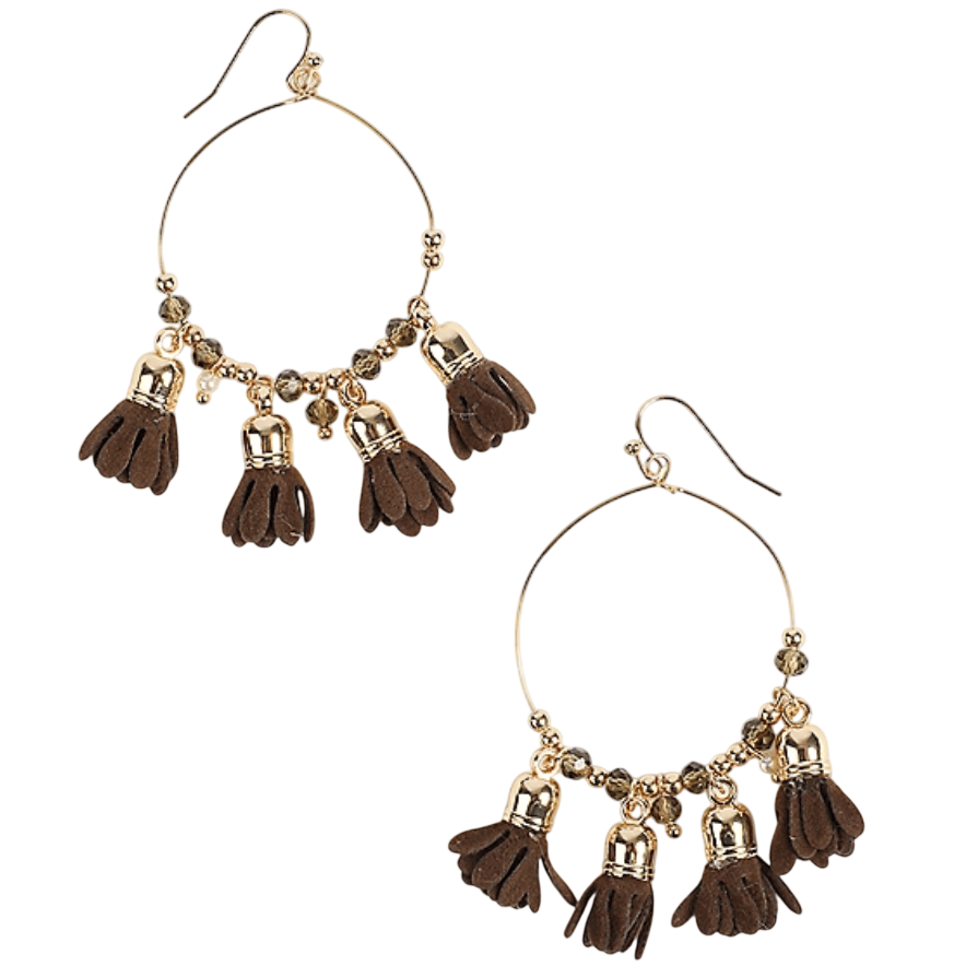 Gold hoop earrings featuring brown tassels and small decorative beads.